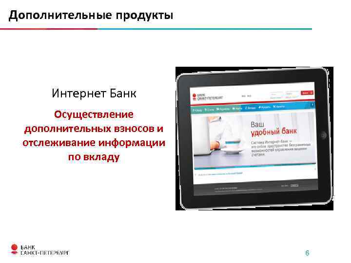 Дополнительные продукты Интернет Банк Осуществление дополнительных взносов и отслеживание информации по вкладу 6 