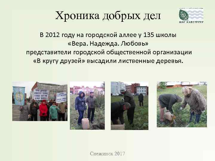 Хроника добрых дел В 2012 году на городской аллее у 135 школы «Вера. Надежда.