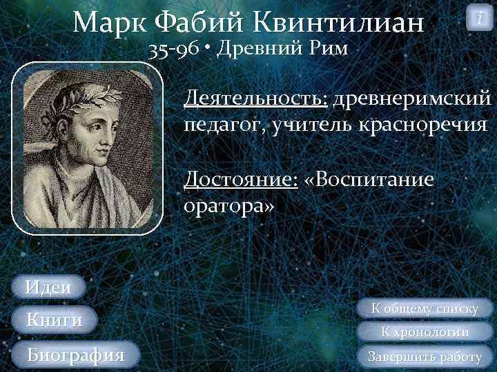 Марк Фабий Квинтилиан i 35 96 • Древний Рим Деятельность: древнеримский педагог, учитель красноречия