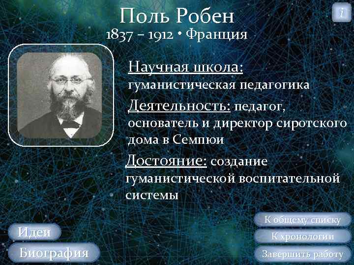 Поль Робен i 1837 – 1912 • Франция Научная школа: гуманистическая педагогика Деятельность: педагог,