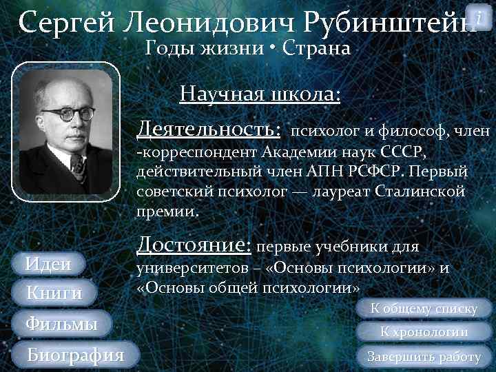 Сергей Леонидович Рубинштейнi Годы жизни • Страна Научная школа: Деятельность: психолог и философ, член