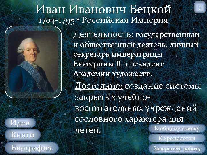 Иванович Бецкой i 1704 1795 • Российская Империя Деятельность: государственный и общественный деятель, личный