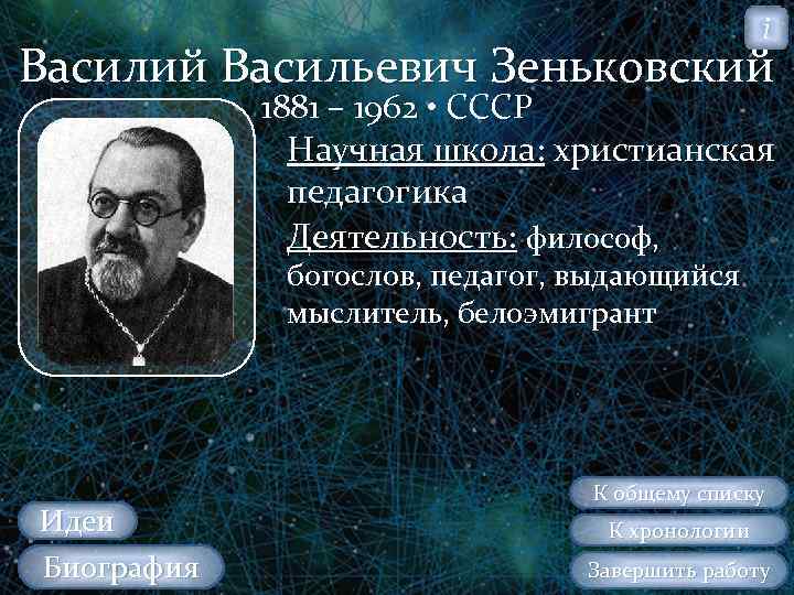 i Василий Васильевич Зеньковский 1881 – 1962 • СССР Научная школа: христианская педагогика Деятельность: