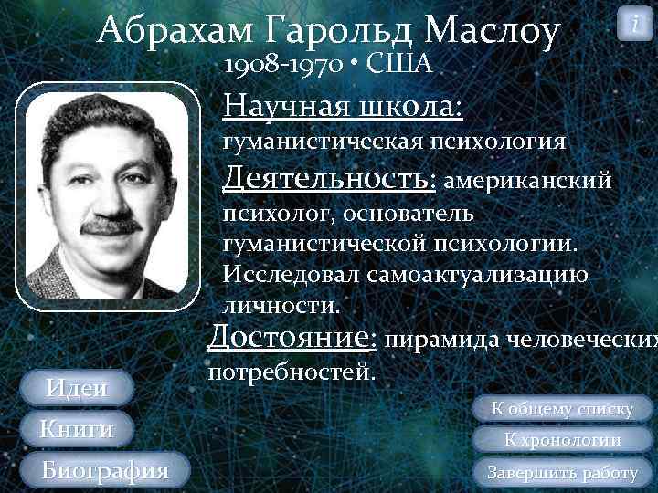 Абрахам Гарольд Маслоу i 1908 1970 • США Научная школа: Идеи Книги Биография гуманистическая