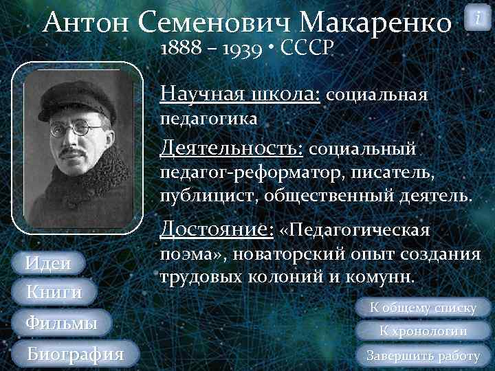 Антон Семенович Макаренко i 1888 – 1939 • СССР Научная школа: социальная педагогика Деятельность: