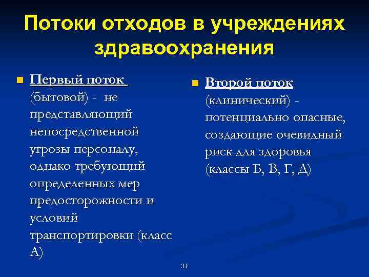 Потоки отходов в учреждениях здравоохранения n Первый поток (бытовой) - не представляющий непосредственной угрозы