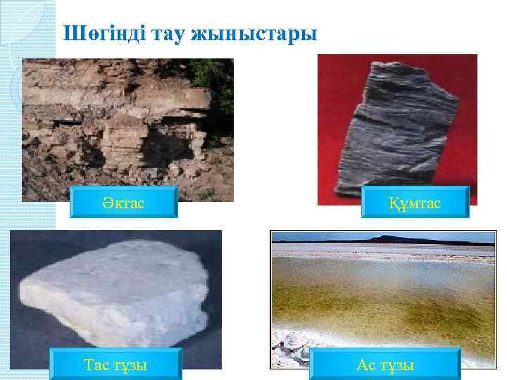 Шөгінді тау жыныстары Әктас Тас тұзы Құмтас Ас тұзы 