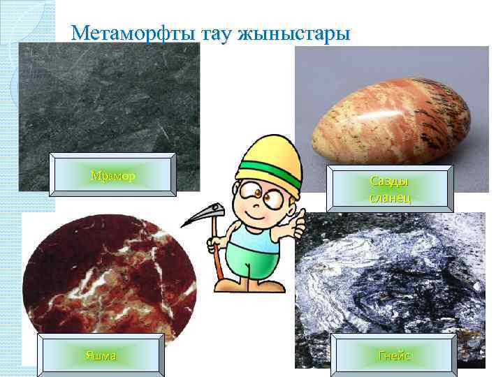 Метаморфты тау жыныстары Мрамор Яшма Сазды сланец Гнейс 