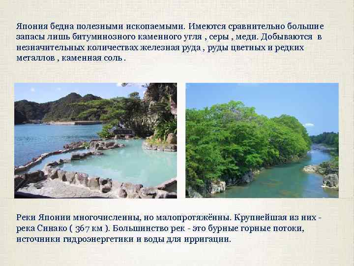 Япония бедна полезными ископаемыми. Имеются сравнительно большие запасы лишь битуминозного каменного угля , серы