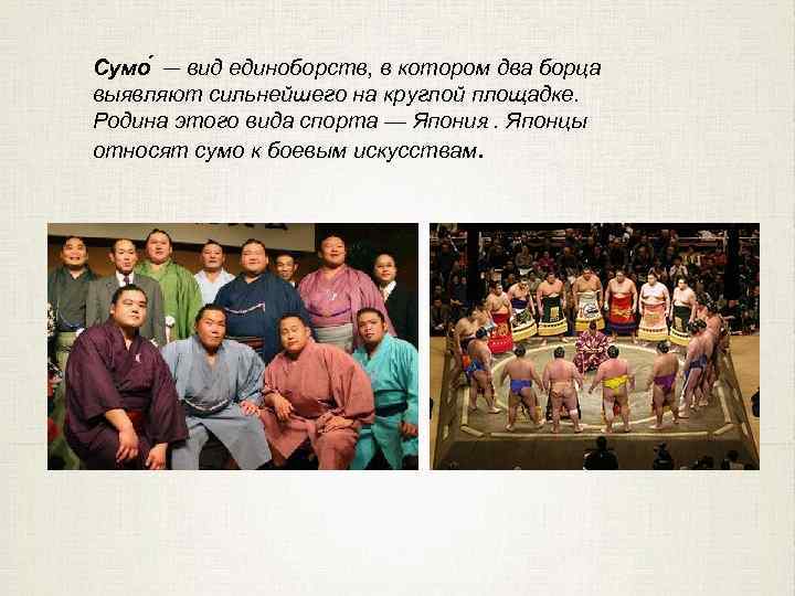Сумо — вид единоборств, в котором два борца выявляют сильнейшего на круглой площадке. Родина