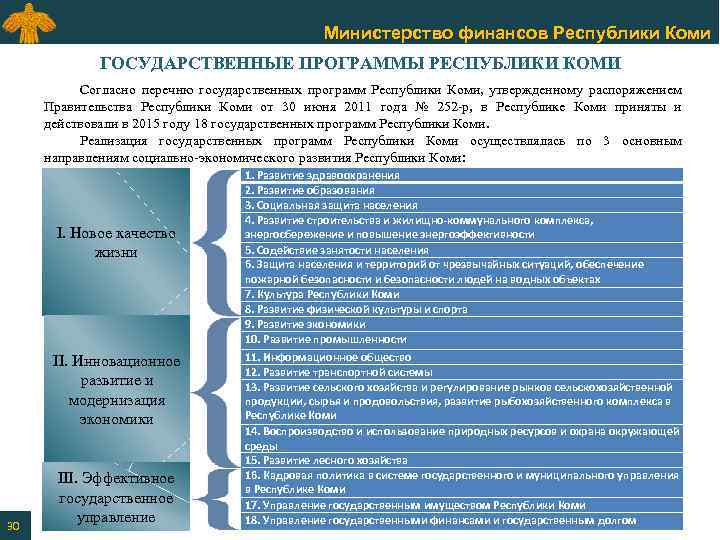 Министерство финансов Республики Коми ГОСУДАРСТВЕННЫЕ ПРОГРАММЫ РЕСПУБЛИКИ КОМИ Согласно перечню государственных программ Республики Коми,