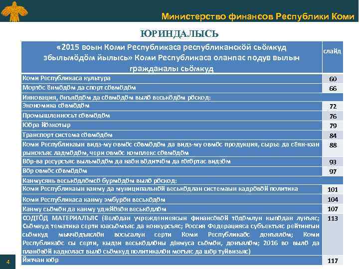 Министерство финансов Республики Коми ЮРИНДАЛЫСЬ « 2015 воын Коми Республикаса республиканскӧй сьӧмкуд збыльмӧдӧм йылысь»