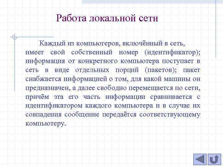 Работа локальной сети Каждый из компьютеров, включённый в сеть, имеет свой собственный номер (идентификатор);