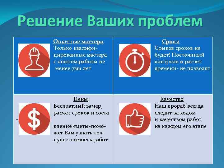 Решение Ваших проблем Опытные мастера Только квалифицированные мастера с опытом работы не менее 7