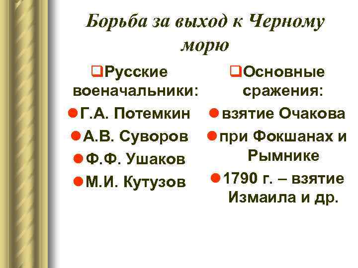 Борьба за выход к Черному морю q. Русские q. Основные военачальники: сражения: l Г.