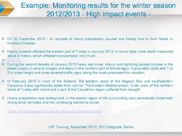 Example: Monitoring results for the winter season 2012/2013 - High impact events - 2012/2013
