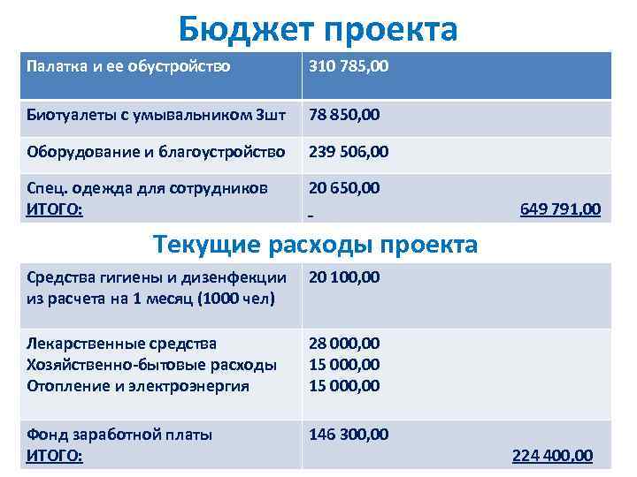 Бюджет проекта Палатка и ее обустройство 310 785, 00 Биотуалеты с умывальником 3 шт