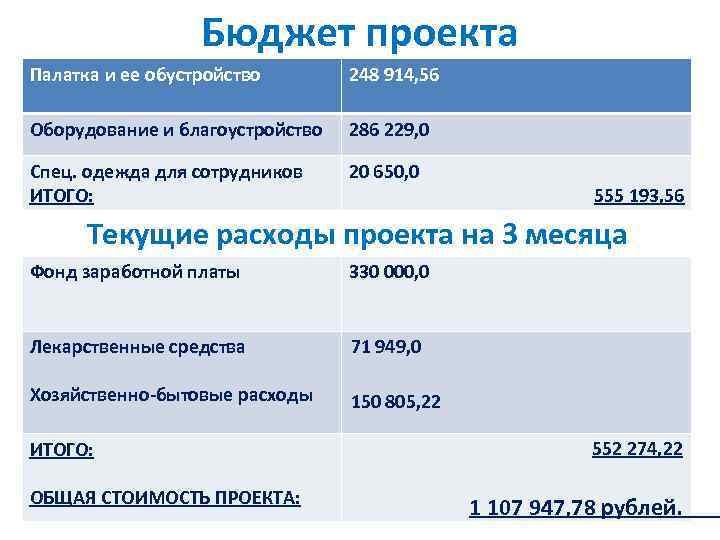 Бюджет проекта Палатка и ее обустройство 248 914, 56 Оборудование и благоустройство 286 229,