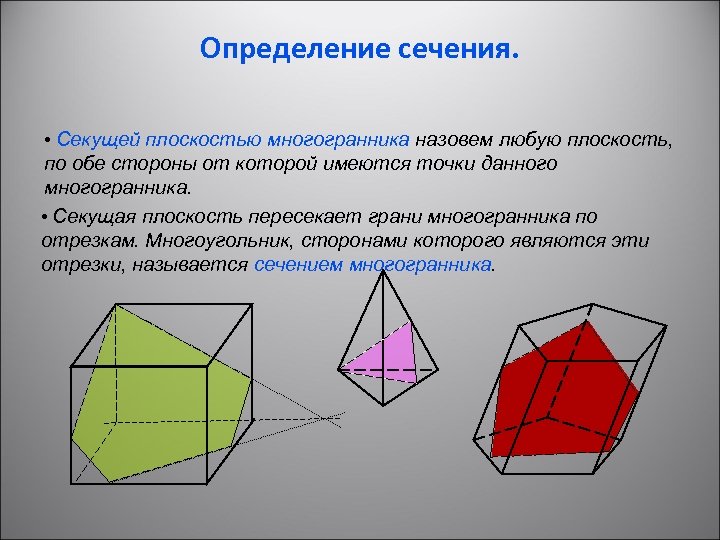 Определение сечения. • Секущей плоскостью многогранника назовем любую плоскость, по обе стороны от которой