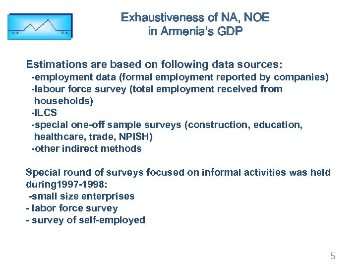 Exhaustiveness of NA, NOE in Armenia’s GDP Estimations are based on following data sources: