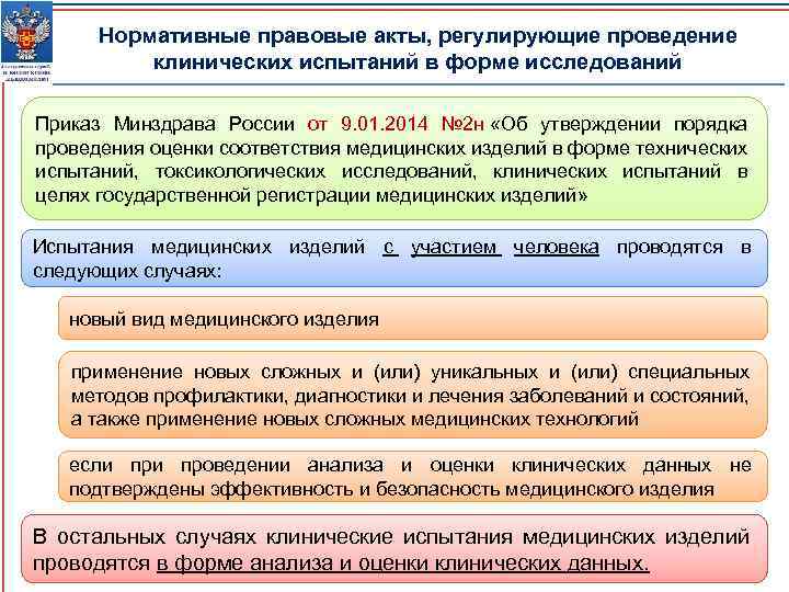 Нормативные правовые акты, регулирующие проведение клинических испытаний в форме исследований Приказ Минздрава России от