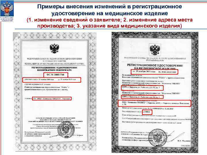 Примеры внесения изменений в регистрационное удостоверение на медицинское изделие (1. изменение сведений о заявителе;
