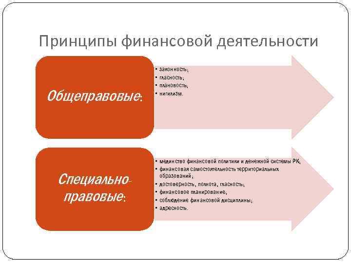 Принципы финансовой деятельности Общеправовые: Специальноправовые: • • законность; гласность; плановость; нигилизм. • мединство финансовой