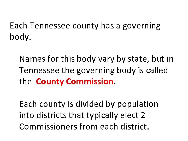 Each Tennessee county has a governing body. Names for this body vary by state,