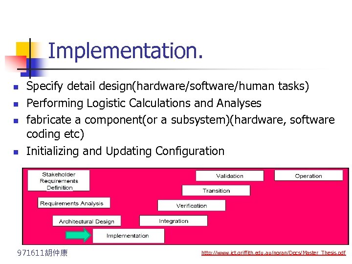 Implementation. n n Specify detail design(hardware/software/human tasks) Performing Logistic Calculations and Analyses fabricate a