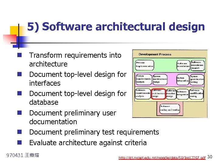  5) Software architectural design n Transform requirements into architecture n Document top-level design