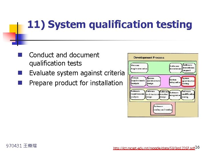 11) System qualification testing n Conduct and document qualification tests n Evaluate system against