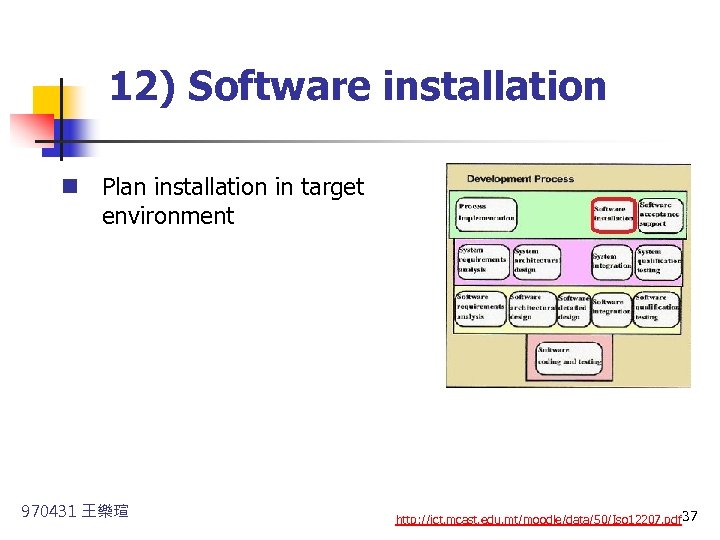  12) Software installation n Plan installation in target environment 970431 王樂瑄 http: //ict.