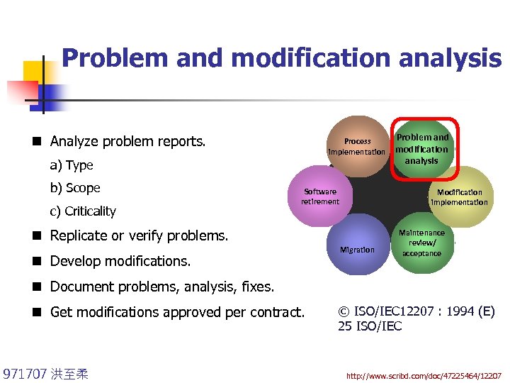 Problem and modification analysis n Analyze problem reports. Process implementation a) Type b) Scope