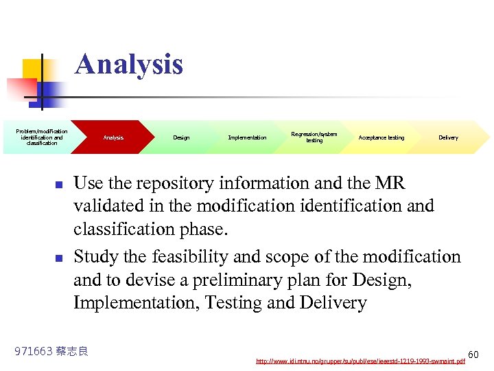 Analysis Problem/modification identification and classification n n Analysis Design Implementation Regression/system testing Acceptance testing