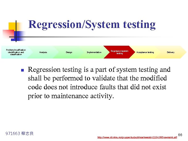 Regression/System testing Problem/modification identification and classification n Analysis Design Implementation Regression/system testing Acceptance testing