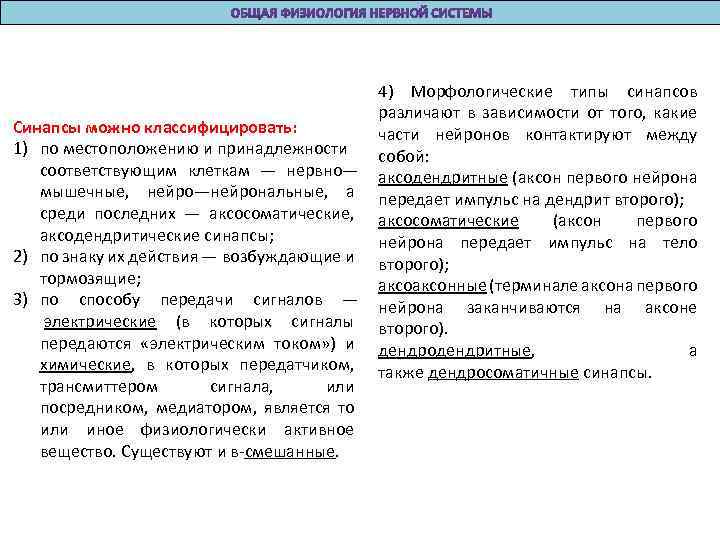 Синапсы можно классифицировать: 1) по местоположению и принадлежности соответствующим клеткам — нервно— мышечные, нейро—нейрональные,