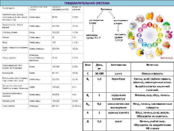 Назв Доза, мг Авитаминоз Источник С 50 -100 цинга Овощи и фрукты В 1