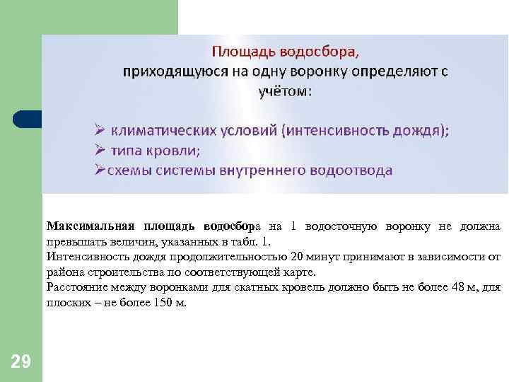 Максимальная площадь водосбора на 1 водосточную воронку не должна превышать величин, указанных в табл.