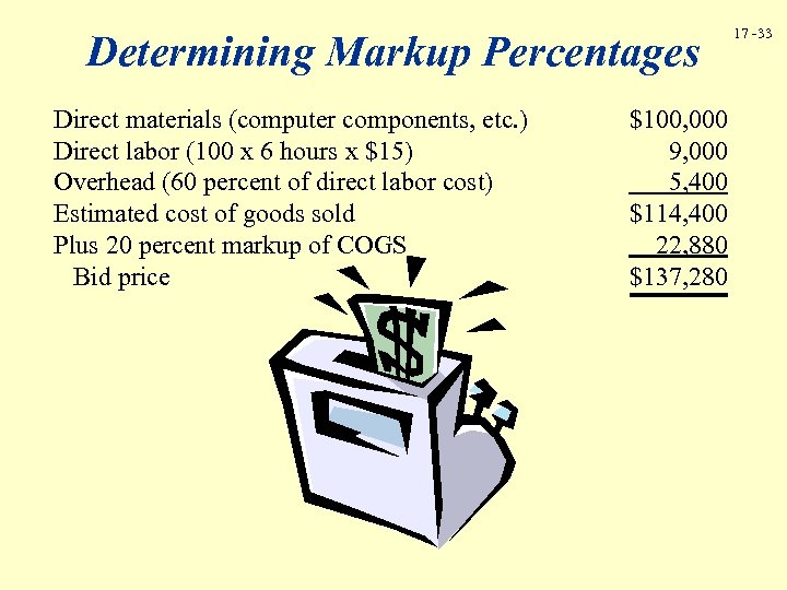 Determining Markup Percentages Direct materials (computer components, etc. ) Direct labor (100 x 6