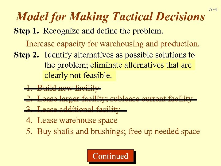 Model for Making Tactical Decisions Step 1. Recognize and define the problem. Increase capacity