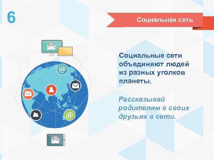 6 Социальная сеть Социальные сети объединяют людей из разных уголков планеты. Рассказывай родителям о