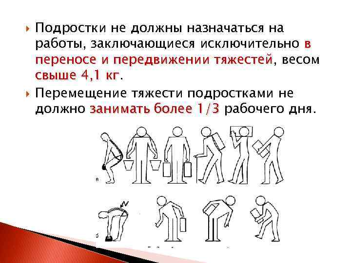  Подростки не должны назначаться на работы, заключающиеся исключительно в переносе и передвижении тяжестей,