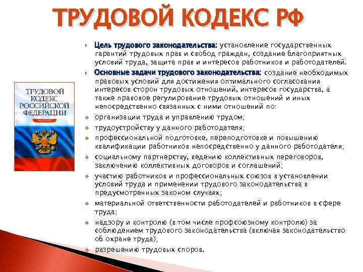 ТРУДОВОЙ КОДЕКС РФ v v v v Цель трудового законодательства: установление государственных гарантий трудовых