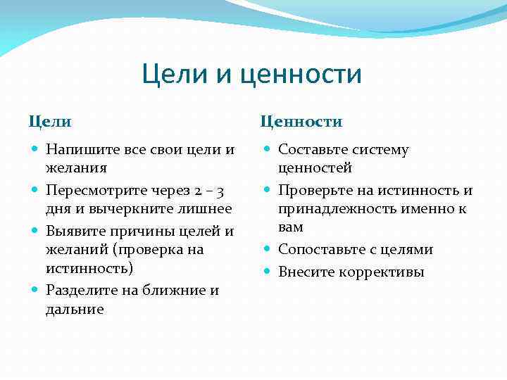 Цели и ценности Цели Ценности Напишите все свои цели и желания Пересмотрите через 2