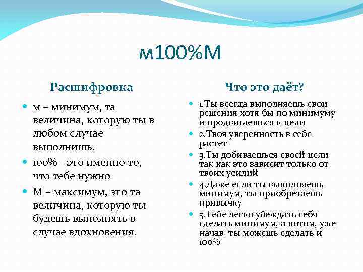 м 100%М Расшифровка Что это даёт? м – минимум, та величина, которую ты в