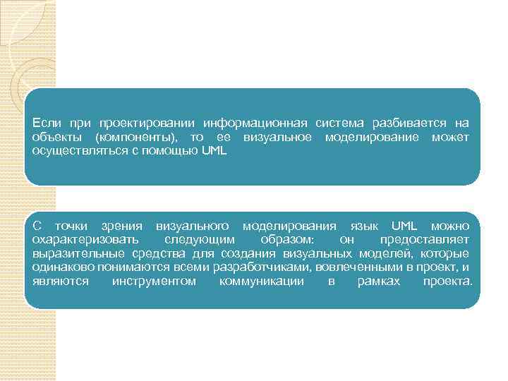 Если проектировании информационная система разбивается на объекты (компоненты), то ее визуальное моделирование может осуществляться