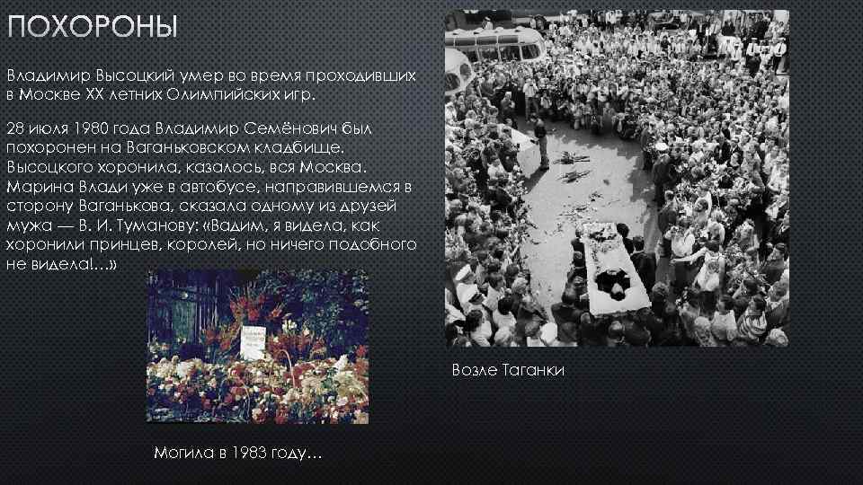 ПОХОРОНЫ Владимир Высоцкий умер во время проходивших в Москве XX летних Олимпийских игр. 28