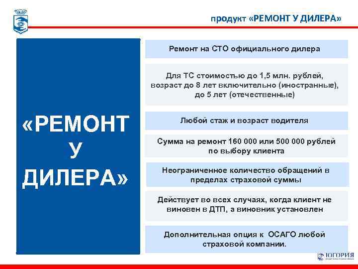 продукт «РЕМОНТ У ДИЛЕРА» Ремонт на СТО официального дилера Для ТС стоимостью до 1,