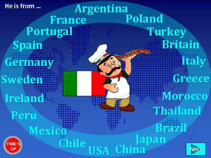 Argentina Poland France Portugal Turkey Britain Spain Italy Germany Greece Sweden Morocco Ireland Thailand
