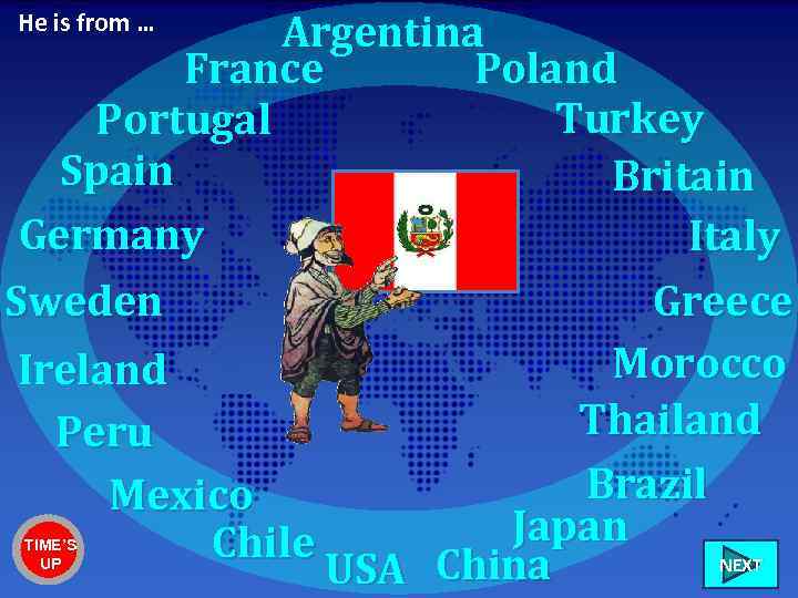 Argentina France Poland Turkey Portugal Spain Britain Germany Italy Greece Sweden Morocco Ireland Thailand